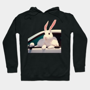 A Bunny Rabbit Feeling the Wind in a Car Hoodie